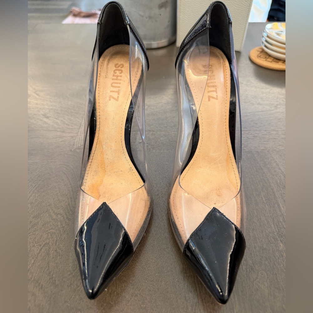 SCHUTZ Black and Vinyl Paneled Heels - 7